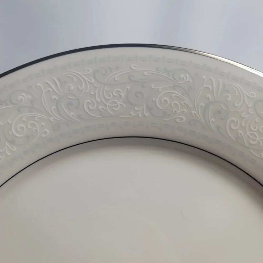 TWO Noritake Trudy Dinner Plates Ivory with Blue & White Scrolls 7087